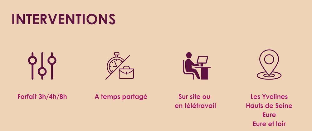 Conditions de mes interventions DG Partner Solutions - Infographie détaillant les conditions | Forfaits horaires 3h-4h-8h | A temps partagé | Sur place ou télétravail | Zones : Yvelines-Hauts de Seine-Eure-Eure et Loire / Version ordinateur