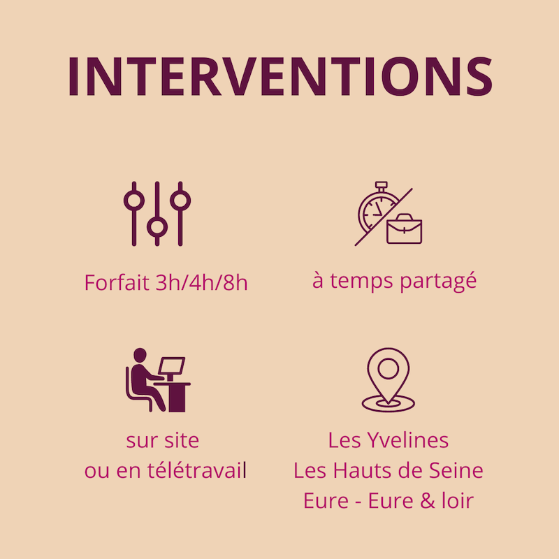 Infographie INTERVENTIONS – Version mobile DG Partner Solutions : Infographie détaillant les conditions | Forfaits horaires 3h-4h-8h | A temps partagé | Sur place ou télétravail | Zones : Yvelines-Hauts de Seine-Eure-Eure et Loire / Version mobile
